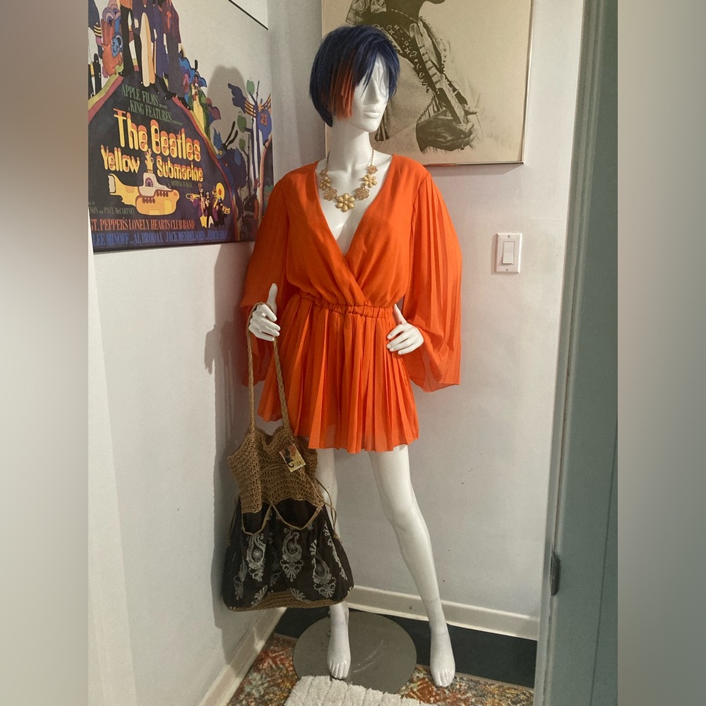 Vintage Orange Romper - Pleated Sheer Outer Layer with Lining - Medium